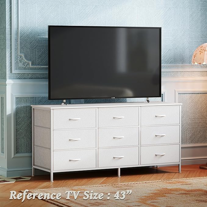 Huuger 9 Drawer Dresser, 47 Inch TV Stand for 50, 55 Inch TV, Entertainment Center with Drawers, Fabric Dresser Chest of Drawer for Bedroom, Closet, PU Leather Surface, White