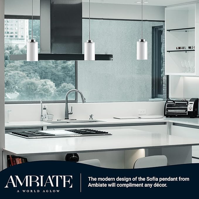 Sofia Modern Pendant, Double Glass Shade, Nickel Finish Base, Single Medium Base (E26) Socket, Dining Areas, Bathrooms, Powder Rooms, Bedrooms, Dimmable, ETL Listed, Clear-Frosted Glass