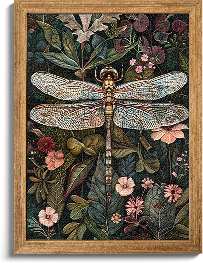 Framed Vintage 3D Textured Wall Art - Dark Green Dragonfly Flowers Wall Decor - Hand Drawn Sandstone Nature Botanical Pictures for Living Room Bedroom Home Decor 8x10in