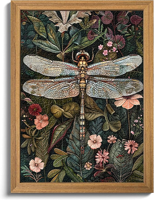 Framed Vintage 3D Textured Wall Art - Dark Green Dragonfly Flowers Wall Decor - Hand Drawn Sandstone Nature Botanical Pictures for Living Room Bedroom Home Decor 24x36in
