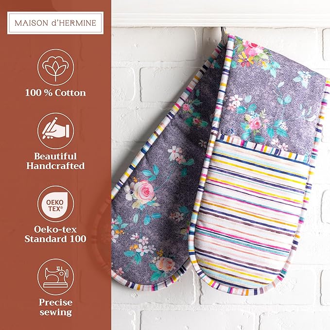 Maison d' Hermine Sweet Rose Lavender 100% Cotton Double Oven Glove with Loop Heat Resistant BBQ Cooking Baking Grilling Microwave Barbecue Spring/Summer (7.5 Inch by 35 Inch)