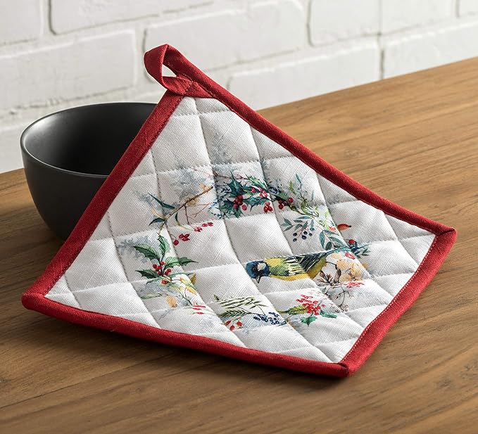 Maison d' Hermine 100% Cotton Oven Mitt & Pot Holder Set (7.5"x13" & 8"x8") Heat Resistant BBQ Cooking Gloves with Loop for Thanksgiving Christmas Decorations Handling Hot Pans (Morzine)