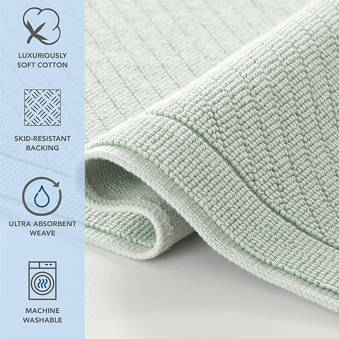 Arkwright 100% Cotton Bathroom Rug - High Absorbent Stylish Textured Woven Design Bath Mat, Slip Resistant Backing for Shower and Bathtub Floor, 24x36 in - Green
