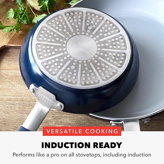 GreenPan x Bobby Flay 8" Nonstick Frying Pan Skillet, PFAS-Free Diamond Ceramic, Induction Suitable, Stay-Cool Silicone Handle, Easy Clean Dishwasher & Oven Safe, Egg & Omelet Pan, Oxford Blue