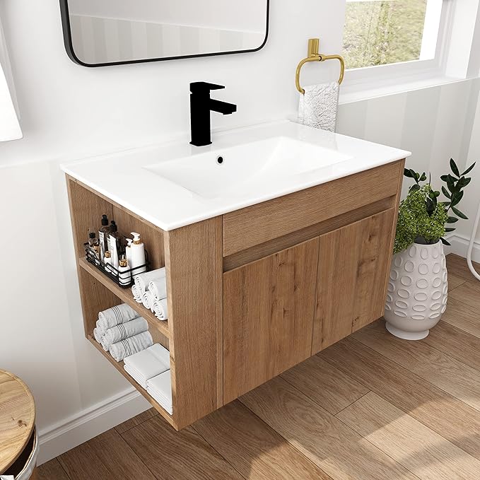 Goujxcy 30" Wall Mounted Bathroom Vanity with Sink, Modern Floating Bathroom Cabinet with White Ceramic Basin and Storage Cabinet/Shelf, Soft-Closing Door Wood Hanging Bath Room Cabinets