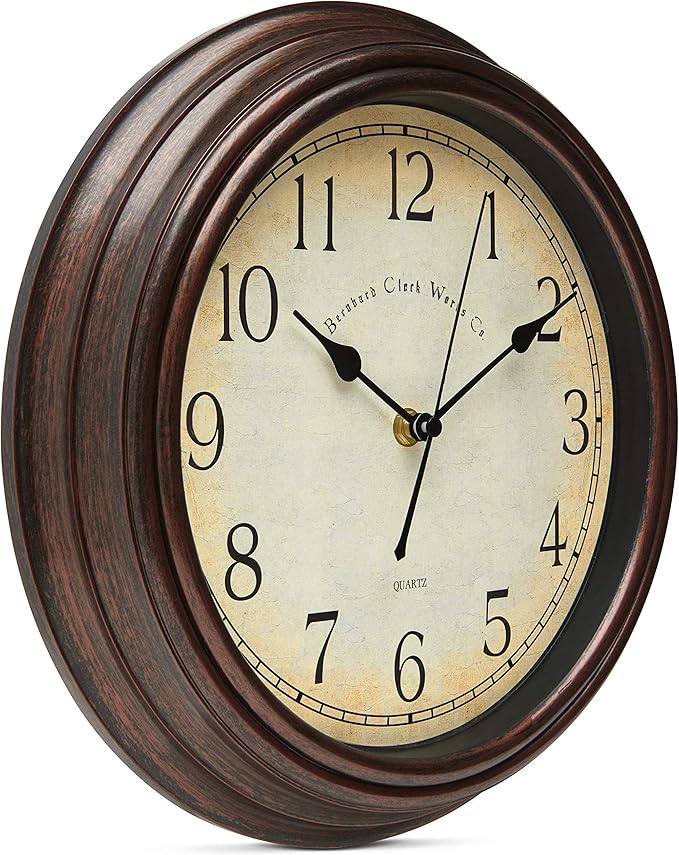 Bernhard Products Vintage Wall Clock Silent Non Ticking - 12 Inch Quality Quartz Battery Operated Decorative Brown Clock for Home Kitchen Living/Dining Room Office Decor, Easy to Read, Rustic Bronze