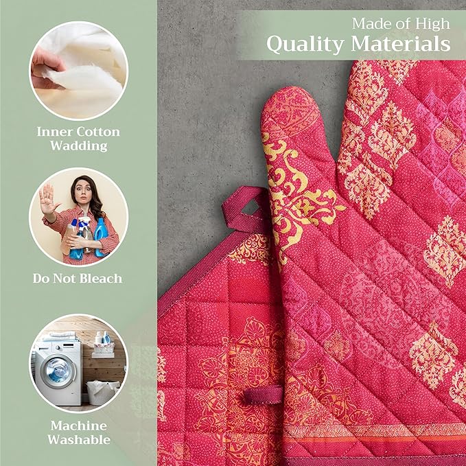 Maison d' Hermine 100% Cotton Oven Mitt & Pot Holder Set (7.5"x13" & 8"x8") Heat Resistant BBQ Cooking Gloves with Loop for Thanksgiving Christmas Decorations Handling Hot Pans (Versailles)