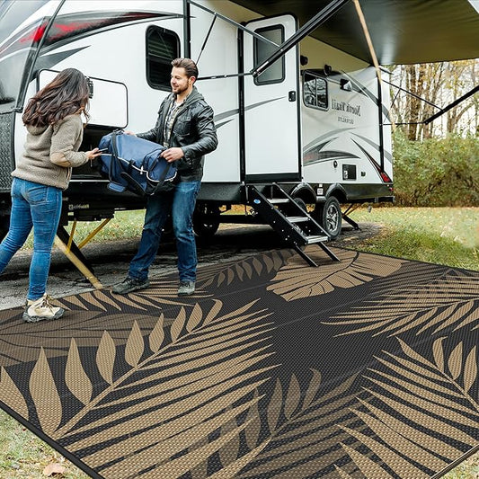 GENIMO Outdoor Rug 10' x 10' Waterproof for Patios Clearance, Reversible Outdoor Plastic Straw Camping Rug Carpet, Large Area Rugs Mats for RV, Camper, Deck, Balcony, Porch, Beach, Picnic, Black&Brown