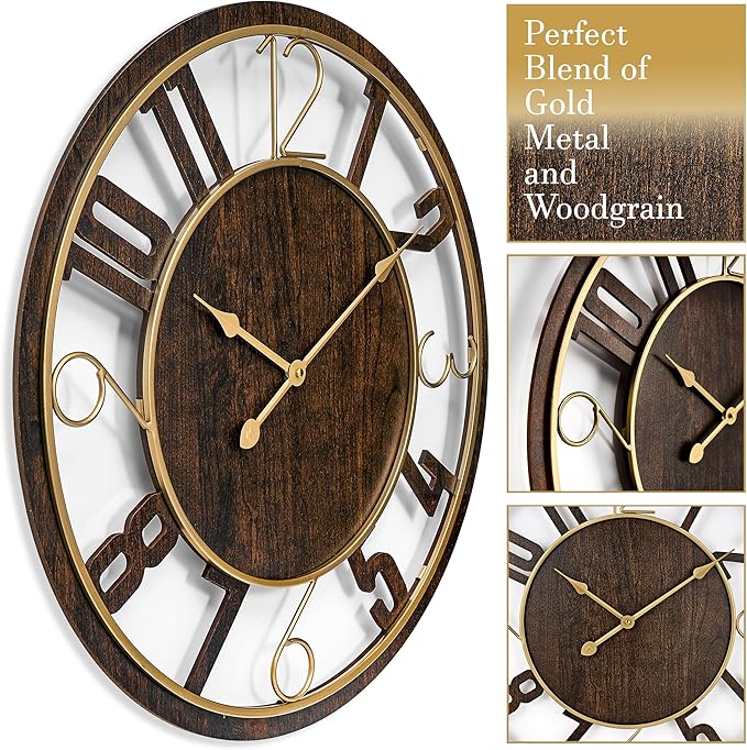 Sorbus 24-Inch Large Wall Clock – Wooden Decorative Clock for Living Room, Kitchen, Bedroom, Office – Easy to Hang Analog Wall Art (Brown)
