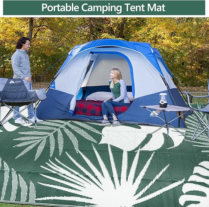 Waterproof Outdoor Rug 9x12 ft, Reversible Plastic Straw Mat with Leaf Pattern, Large Floor Mat for Patio, Camping, Picnic, Backyard RV, Deck, Dark Green