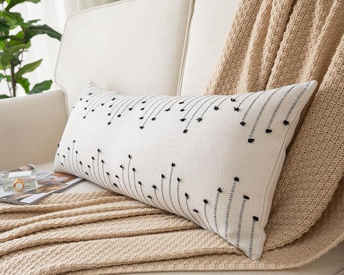 Caflife Boho Lumbar Pillow Cover 14x36 Long Pack of 1 Decorative Pillows Bed, Beige with Black Body Throw Pillow Covers, for Modern Farmhouse Sofa Bedroom Living Room Home Decor Couch Pillowcase