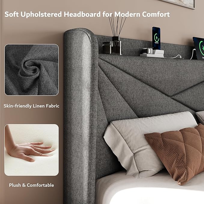 iPormis Queen Size Bed Frame with Charging Station, Linen Platform Bed Frame with Wingback Headboard Upholstered Bedframe, Solid Wood Slats Support, No Box Spring Needed, Easy Assembly, Dark Grey