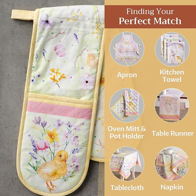 Maison d' Hermine Double Oven Mitts 100% Cotton 7"x35" Double Oven Mitt Heat Resistant BBQ Cooking Gloves with Loop, Baking, Grilling, Home, Kitchen, Handling Hot Pans Spring Summer (Easter Zest)