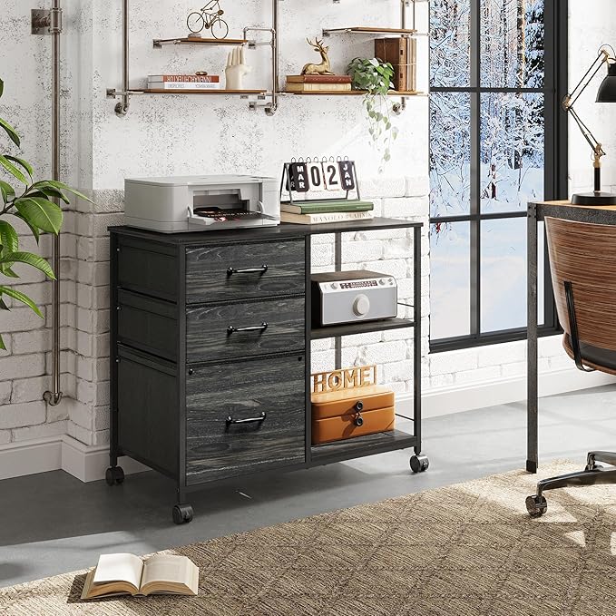 DEVAISE 3 Drawer Mobile File Cabinet, Rolling Printer Stand with Open Storage Shelf, Fabric Lateral Filing Cabinet fits A4 or Letter Size for Home Office, Charcoal Black Wood Grain Print