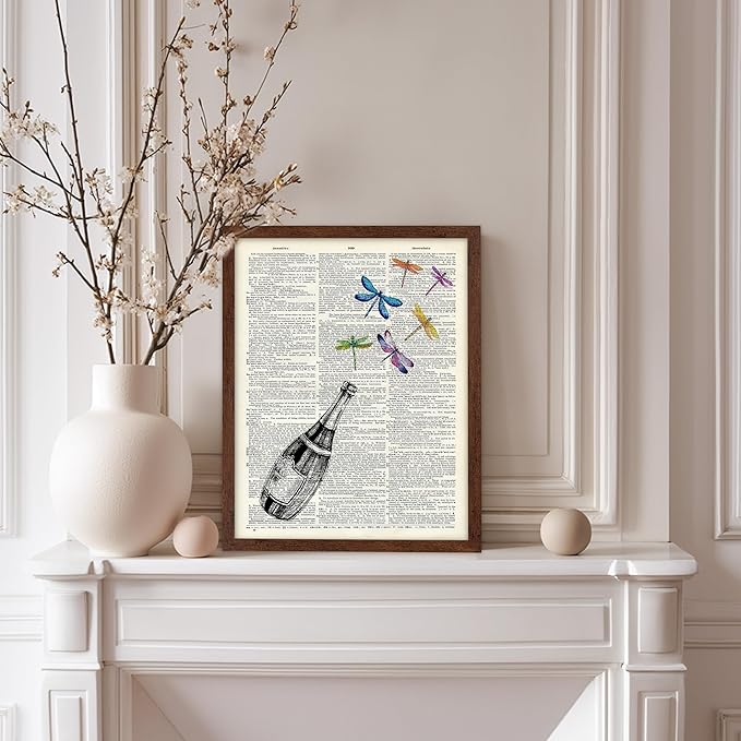 Poster Master Dictionary Art Poster - Champagne Bottle Print - Dragonfly Art - Alcohol Art - Gift for Men, Women & Bartender - Great Decor for Bar, Kitchen or Restaurant, 11x14 Brown Framed