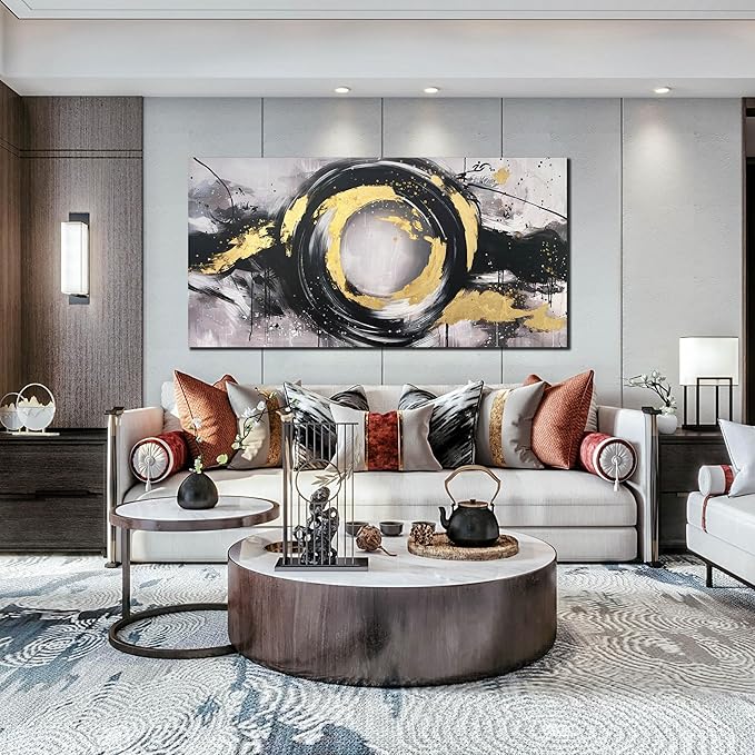 Black White and Gold Wall Art for Living Room Large Size - Hand Painted Wall Art for Bedroom - Abstract Painting Wall Decor Office Size 29" x 59"