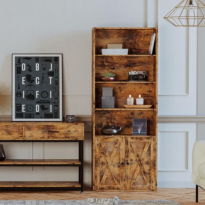 IRONCK Industrial Bookshelves and Bookcases with Doors Floor Standing 6 Shelf Display Storage Shelves 70 in Tall Bookcase for Home Office, Living Room