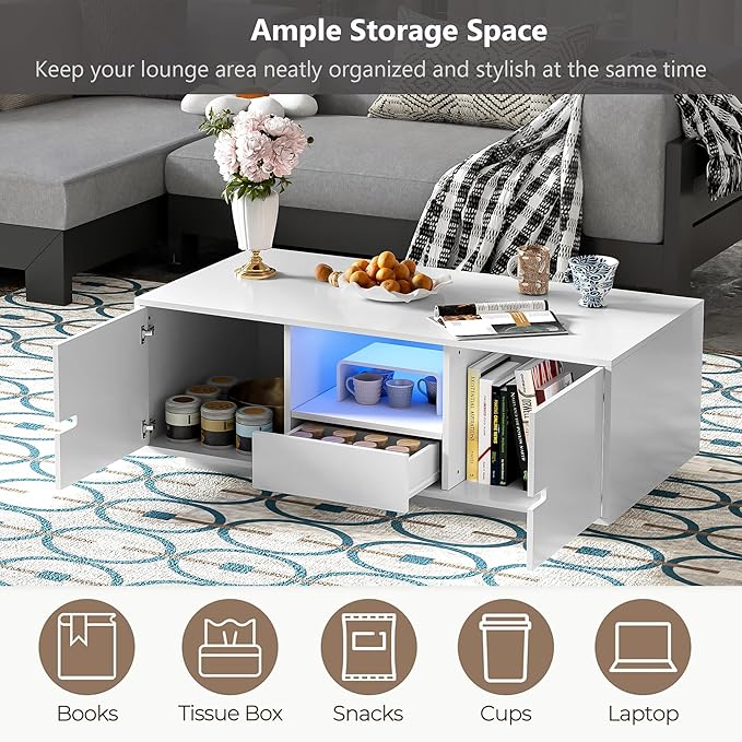 Modern High Gloss LED Coffee Table 47.2-Inch Wooden Center Cocktail Table with Storage & 16 Colors LED Light for Living Room, White