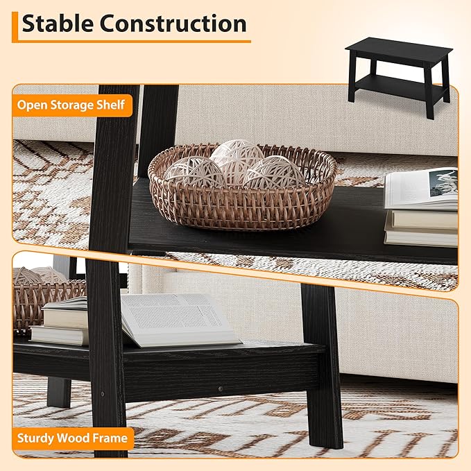 Coffee Table for Living Room, 2 Tier Coffee Table with Storage, Small Rectangular Center Tables with Shelf, Space Saving, Easy Assembly, Black