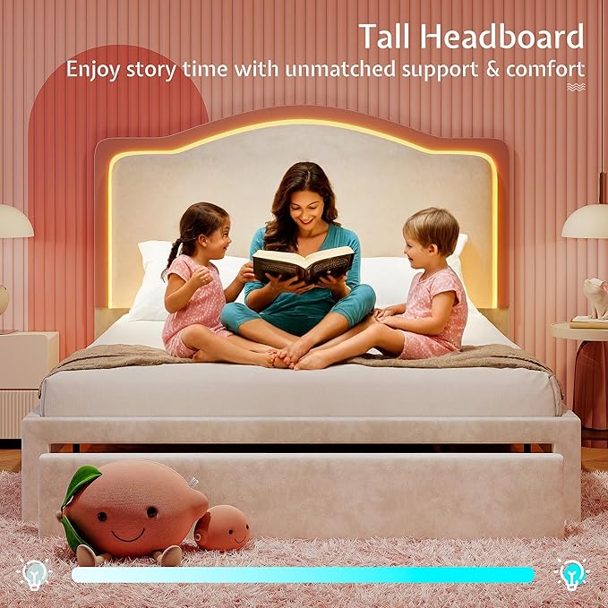 Jocisland Twin Bed Frame with 51" Tall & Thick Adjustable Headboard, Storage Drawer, RGB LED Lights, No Box Spring Needed, Velvet Upholstered, Cream