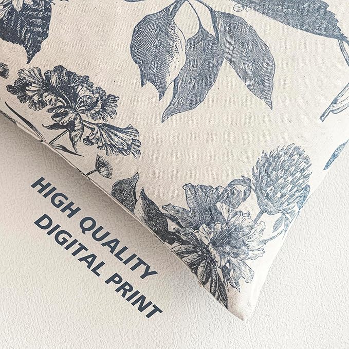 Foindtower Set of 2 Linen Floral Vintage Throw Pillow Covers Neutral Accent Print Decorative Cushion Covers Farmhouse Boho Home Decor for Sofa Chair Couch Bedroom Living Room Outdoor,22×22 Inch,Blue