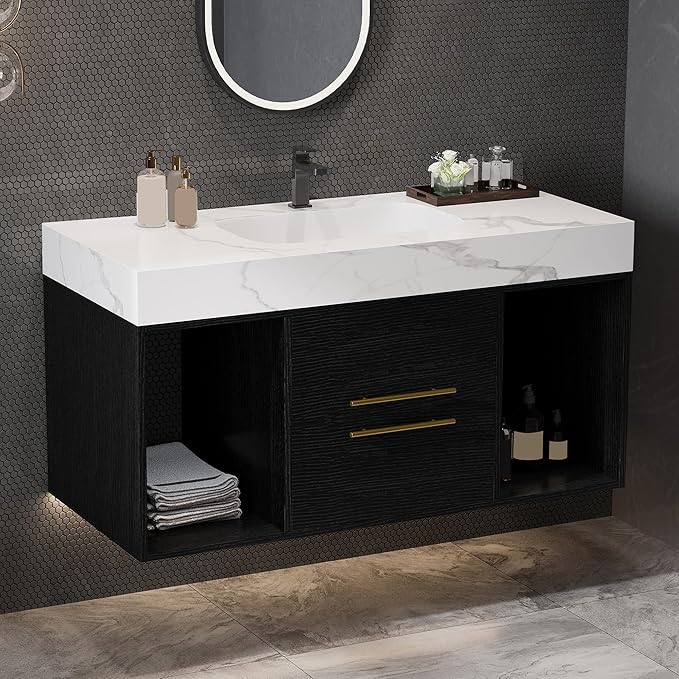 Goujxcy 39.4" Wall Mounted Bathroom Vanity with Sink, Modern Floating Bathroom Cabinet with Ceramic Sink & 2 Drawers, Wood Hanging Bath Room Cabinet with Soft-Close System (White & Black)