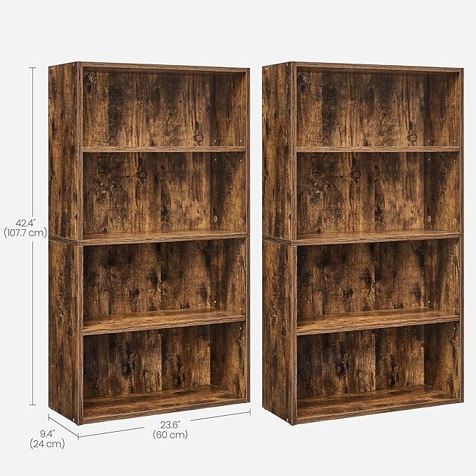 VASAGLE Set of 2 Bookshelves, 23.6 Inches Wide, 4-Tier Open Bookcases with Adjustable Storage Shelves, Floor Standing Units, Rustic Brown ULBC164X01-2