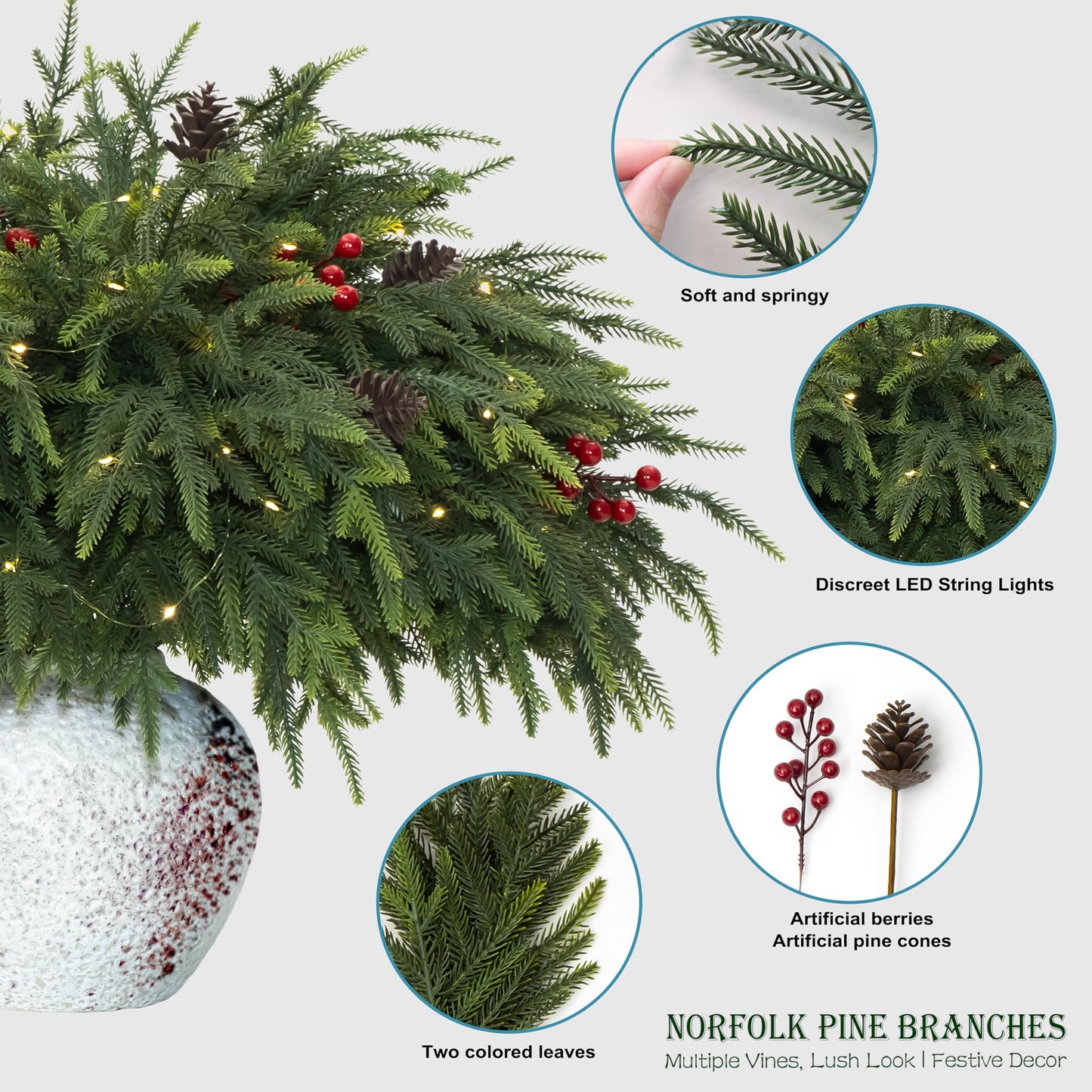 WHANLEY L&Q 20-Piece Set 23" Christmas Norfolk Pine Branches with Lights - Battery Operated Christmas Decorations - Warm Lights -Norfolk Pine Stems for Xmas DIY Crafts Garland Wreath- Christmas Decor