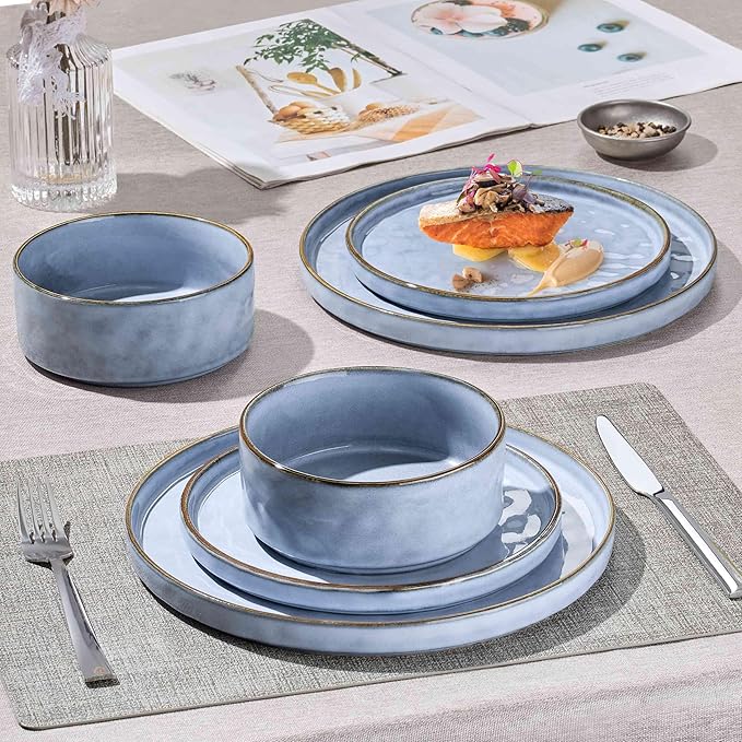 Herogo Dinnerware Sets for 6, 18 Pieces Ceramic Dishware for Kitchen Restaurant, Stoneware Plates and Bowls Sets, Dishwasher & Microwave Safe, Haze Blue