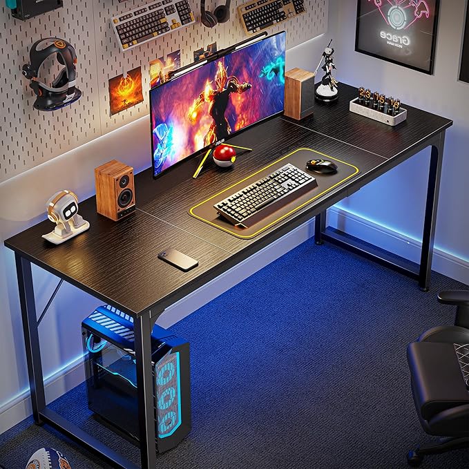 Huuger Modern Simple Office Desk, 63 Inch, Gaming & Writing Desk with Storage, Large Legroom, Metal Frame, Black