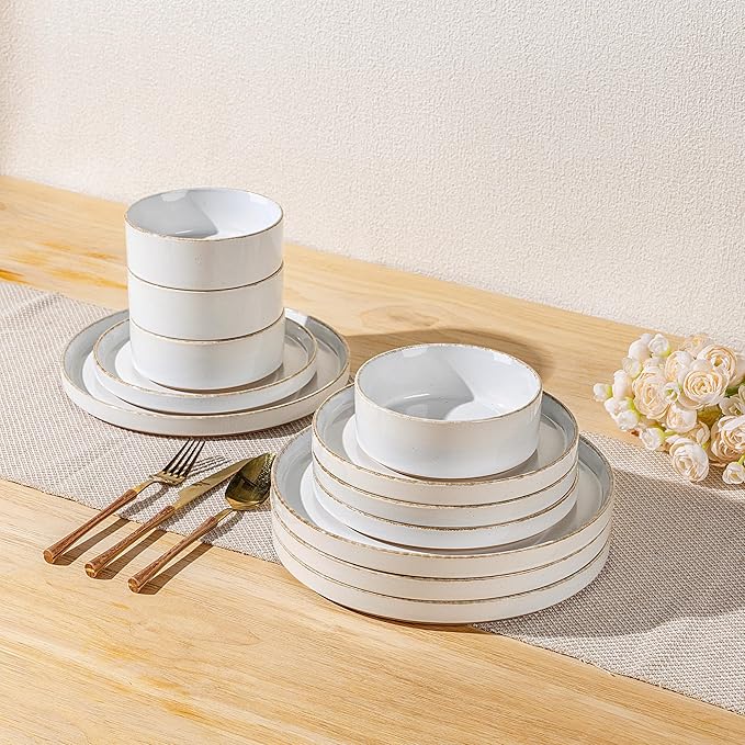 AmorArc Ceramic Dinnerware Sets for 4, 12 Pieces Handpainted Plates and Bowls Set with Rustic Terracotta Underside, Scratch Resistant Stoneware Dishes Set, Dishwasher & Microwave Safe