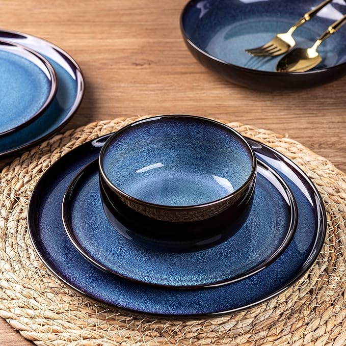 LERATIO Ceramic Dinnerware Sets for 4,12 Pieces Poreclain Plates and Bowls Sets,Scratch Resistant Dishes,Dishwasher & Microwave Safe,Oven Safe Dishes Set,Service for 4 - Blue