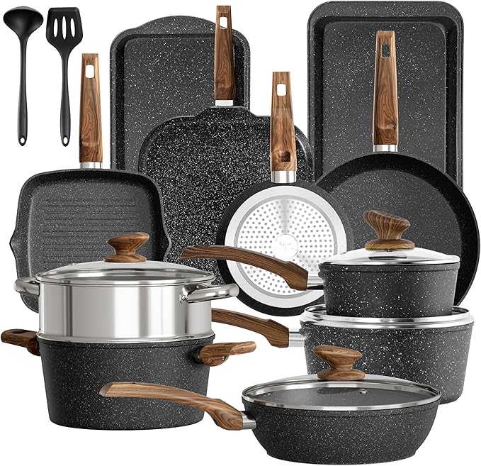 DishDelight 17 Piece Pots and Pans Set Non Stick, Nonstick Induction Granite Kitchen Cookware Set, Non Toxic Cookware Set with Frying Pans and Saucepan, Cooking Sets Pots and Pans, Black