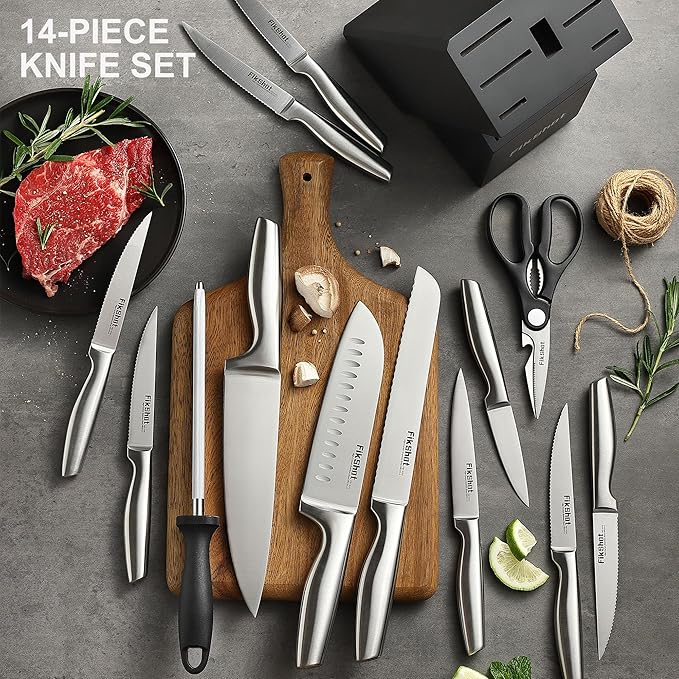 Kitchen Knife Set, FIKSHOT Premium Stainless Steel Knife Block Set, Razor-Sharp Santoku Knife and Fruit Knives, Gift for Homecooks, Rust-Proof, Designed for Women
