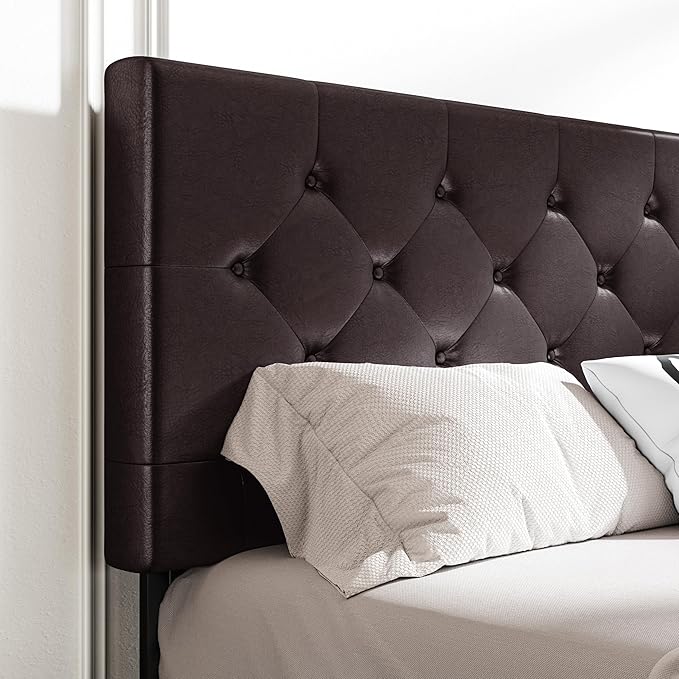 MUTICOR King Size Bed Frame with 4 Storage Drawers, Upholstered Platform Bed with Button Tufted Adjustable Headboard, No Box Spring Needed, Easy Assembly, Diamond Tufted, Brown Leather