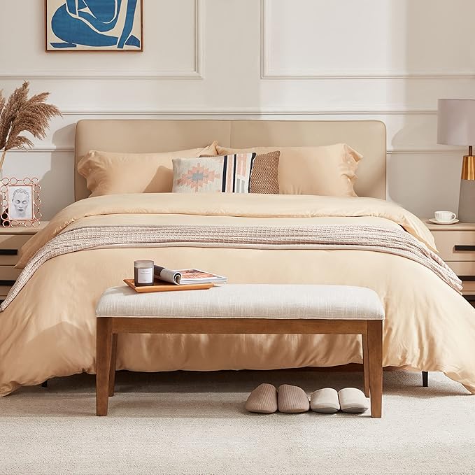 HUIMO Upholstered Entryway Bench for Bedroom for End of Bed, Dining Bench with Padded Seat for Kitchen, Living Room, Fabric Solid Wood (Beige)