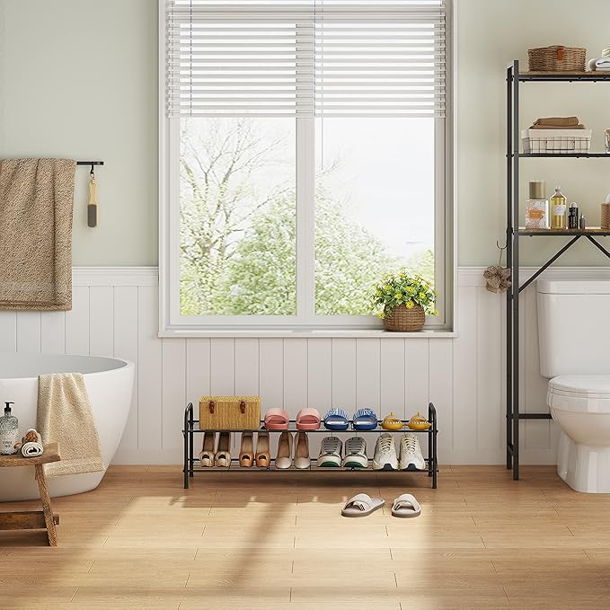 Hoctieon 2 Tier Shoe Rack for Closet, Durable Mesh Style Shoe Rack, Entryway Shoe Shelf, Shoe Storage Organizer for Hallway, Bedroom, Living Room, Wardrobe, Black