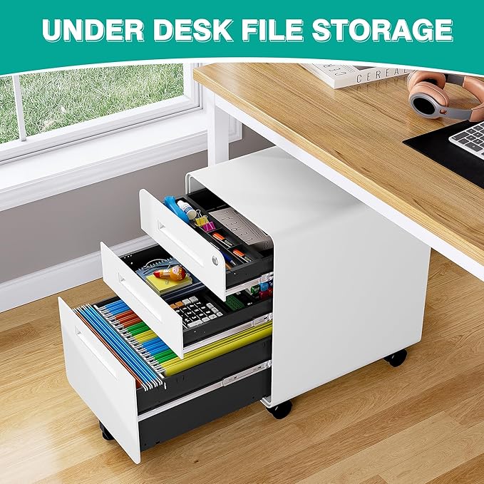 3 Drawer File Cabinet with Lock,Under Desk File Cabinet,White Rolling File Cabinet,Three Drawer Filing Cabinet for Home Office with Wheels,Fit A4/Letter/Legal File,Fully Assembled Except Casters