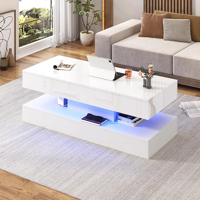 47.2" Large Lift Top Coffee Table,Modern High Glossy LED Coffee Tables for Living Room with Storage Drawer,White Living Room Tables for Livingroom,Dining Room,Bedroom Home Office(White)