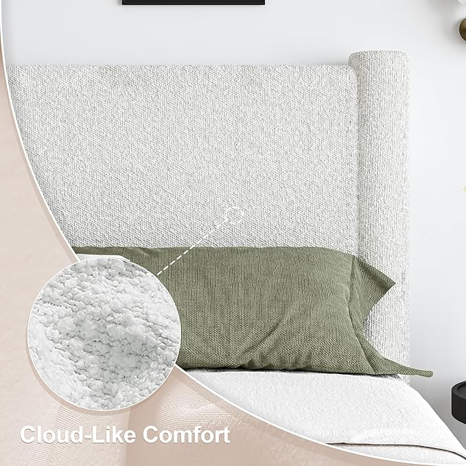 Queen Size Bed Frame, Boucle Upholstered Platform Bed with Headboard and Footboard, Soft Rounded Corners, No Box Spring Required, Easy Assembly, White