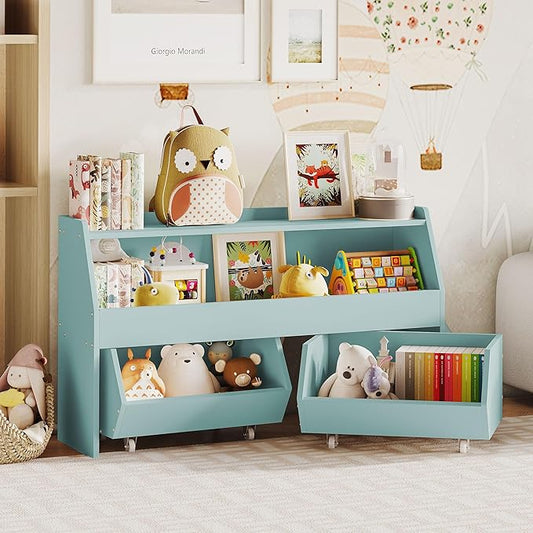 Toy Storage Organizer for Kids, Toy Storage Cabinet with Drawers, Boys and Girls Toy Shelf with Wheels, Toy Organizer Kids Bookshelf with Storage for Nursery, Playroom, Bedroom (Blue)