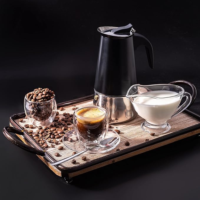 Mixpresso Black 6 Cup Greca Stovetop Espresso Pot 300ml/10oz, Moka Pot with Coffee Percolator Design, Stainless Steel Stove Top Coffee Maker for Camping or Home Use,Italian Stovetop Espresso Maker