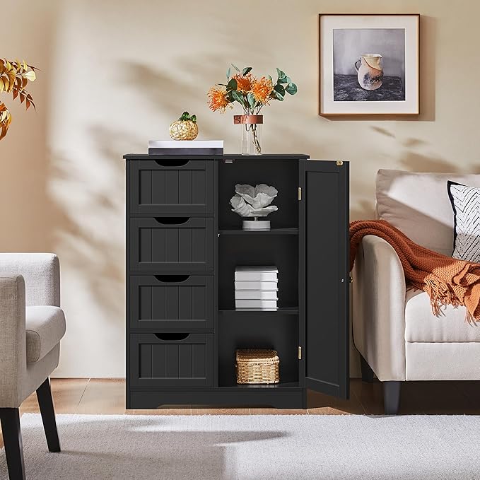 Yaheetech Wooden Storage Cabinet, Bathroom Storage Organizer with 4 Drawers & 1 Cupboard, Freestanding Cabinet Table for Bathroom, Entrance Area, Kitchen, Black
