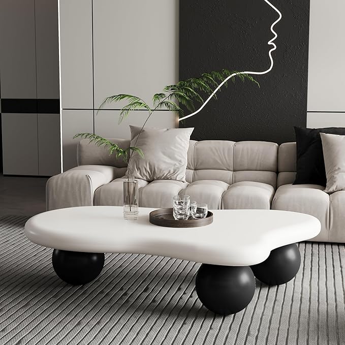 47 Inch Cloud Shaped Coffee Table with 3 Ball Legs for Living Room White Top Black Legs