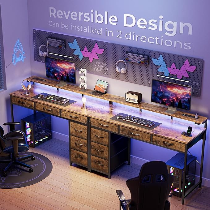 Huuger Gaming Desk with 6 Drawers, Computer Desk with LED Lights Power Outlets and Type-C, 47 Inch Office Desk with Storage, Monitor Stand, Writing Desk Work Desk for Home Office, Study, Rustic Brown