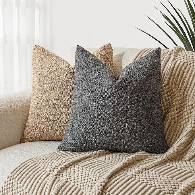 Foindtower Set of 2, Decorative Textured Boucle Throw Pillow Covers Accent Solid Pillow Cases Neutral Soft Cozy Couch Cushion Case for Chair Sofa Bedroom Living Room Home Decor 26 x 26 Inch Dark Grey