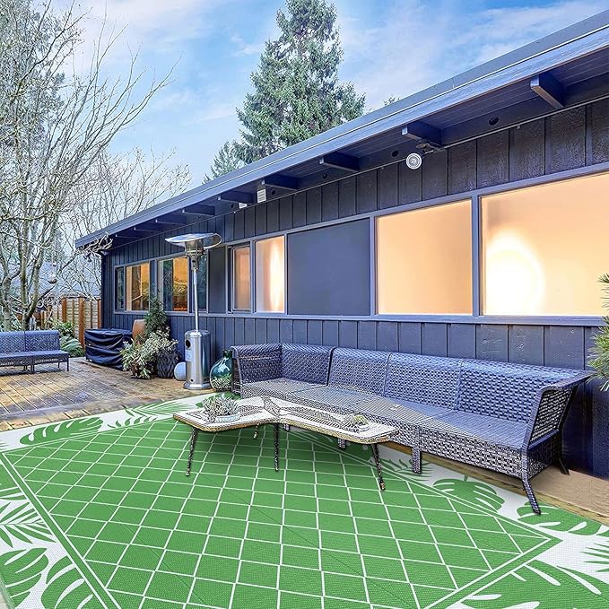 Ileading Outdoor Rug Carpet for Patio 8'x10' Waterproof Reversible Plastic Straw Rug Portable Outside Area Rug Camping Mat for Patio, Clearance, Balcony, Picnic, Pool, Beach, RV, Deck, Green