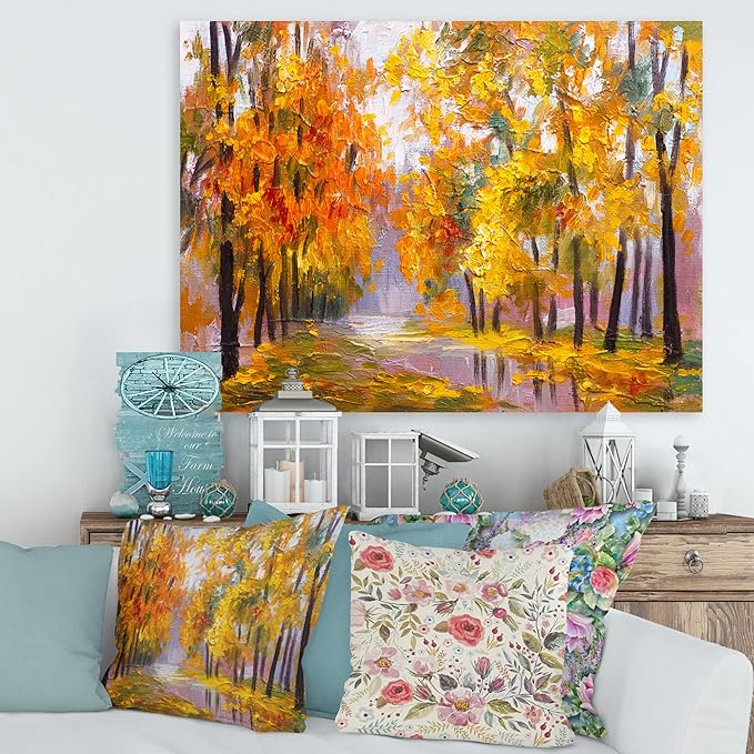 Forest Full Of Fallen Leaves In Autumn Lake House Canvas Wall Art Orange 32x24