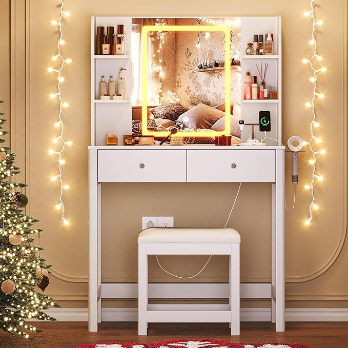 Vanity Desk with Mirror and LED Lights, Small Makeup Vanity Table Set with Drawers and Chair, Dressing Table with Power Outlet for Girls Bedroom, White