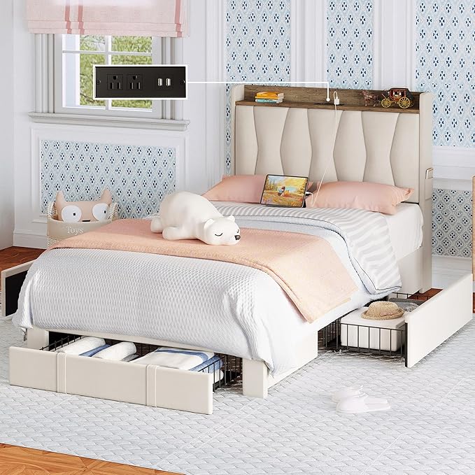 ANCTOR Twin Bed Frame with 3 Drawers, Upholstered Platform Bed with Storage Headboard and Charging Station, No Box Spring Needed, Easy Assembly, Beige